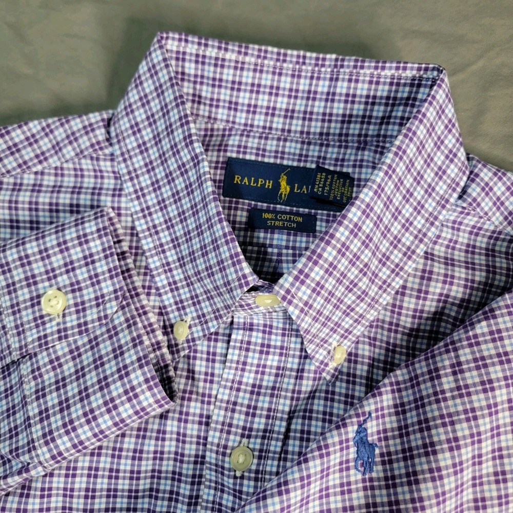 Ralph Lauren Button Down Shirt Mens Medium Purple Plaid LS Cotton Stretch EUC